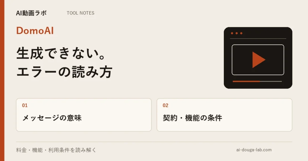 DomoAIのエラーメッセージ5つの意味|無料では透かしを外せず、20秒生成はProだけ