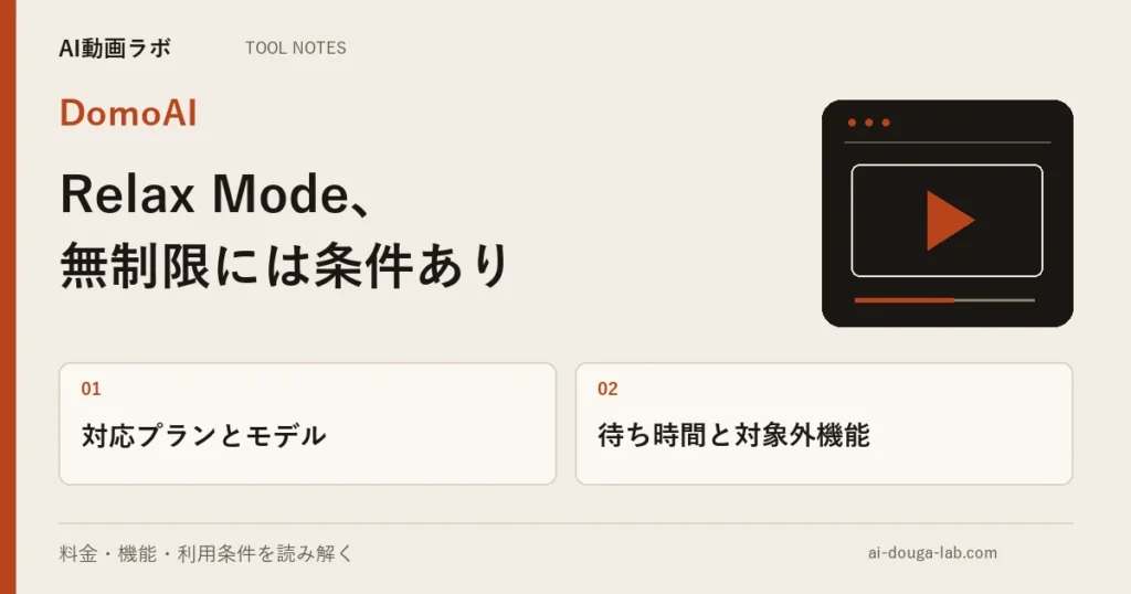 DomoAIのRelax Modeは本当に無制限か｜Standard以上・対応モデルのみ、20秒動画とアップスケールは対象外