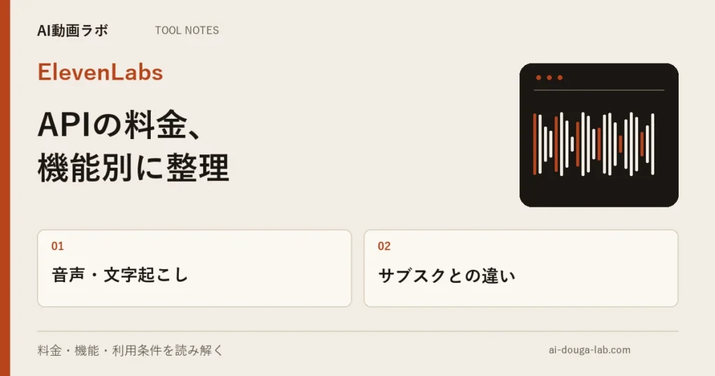 ElevenLabs APIの料金一覧|文字起こしは1時間$0.22で、サブスク換算より約16倍安い