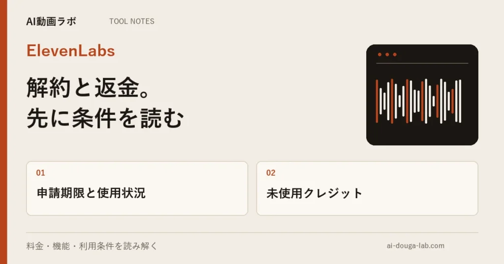 ElevenLabsの解約と返金｜返金は14日以内かつクレジット未使用が条件、解約すると未使用分は消える