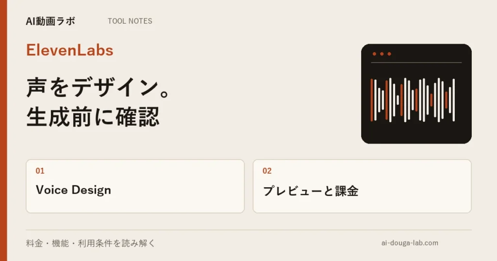 ElevenLabsのVoice Designは3案から選ぶ|課金はプレビュー文字数だけ、公式は本番品質ならPVCを推奨